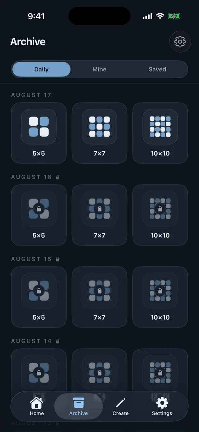 The archive listing past days, each offering 5×5, 7×7 and 10×10 puzzles.