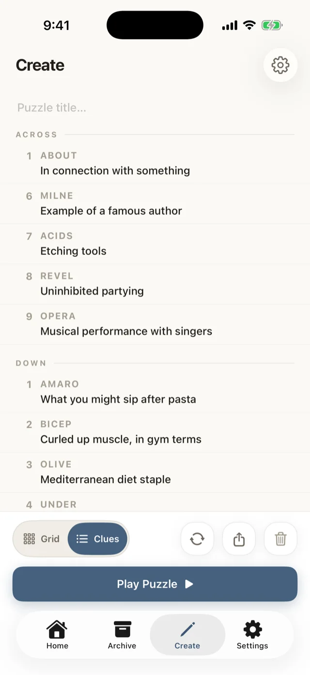 The clue list for a puzzle built in Crosswordy, showing answers and their clues.