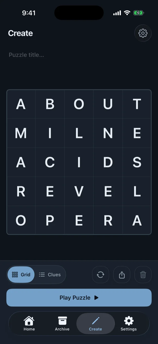 A 5×5 grid filled in by the builder, reading ABOUT, MILNE, ACIDS, REVEL, OPERA.