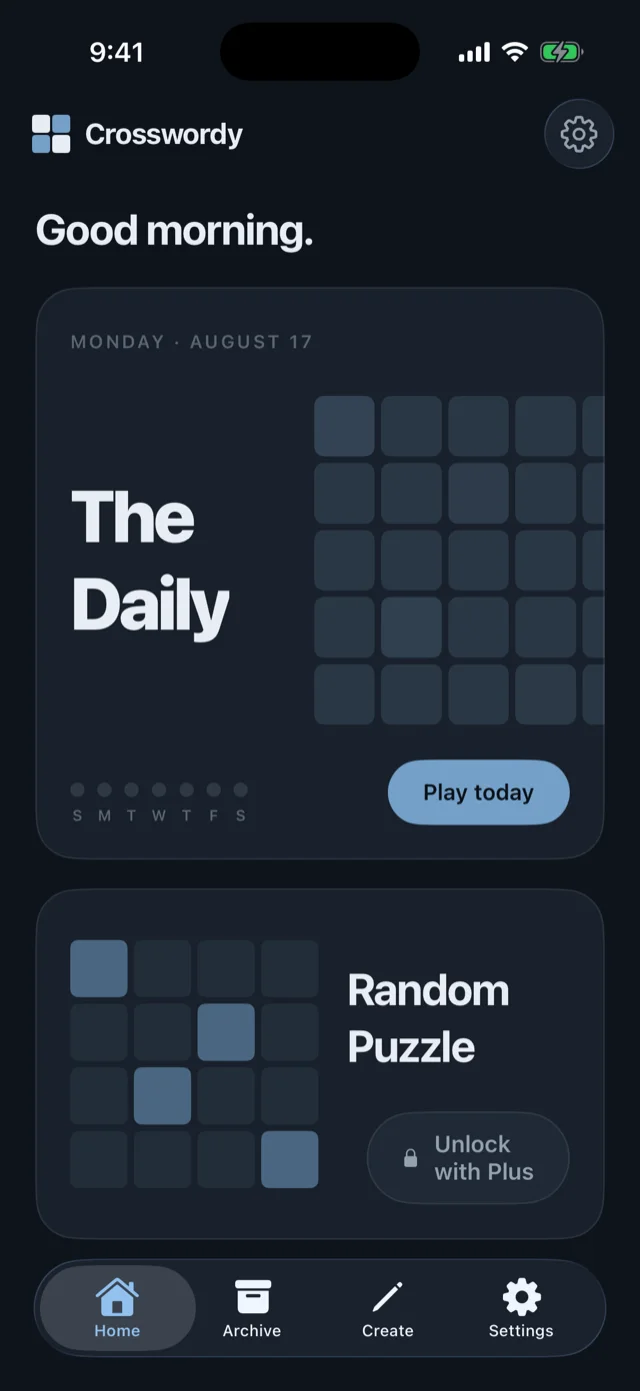 The same home screen in dark mode.