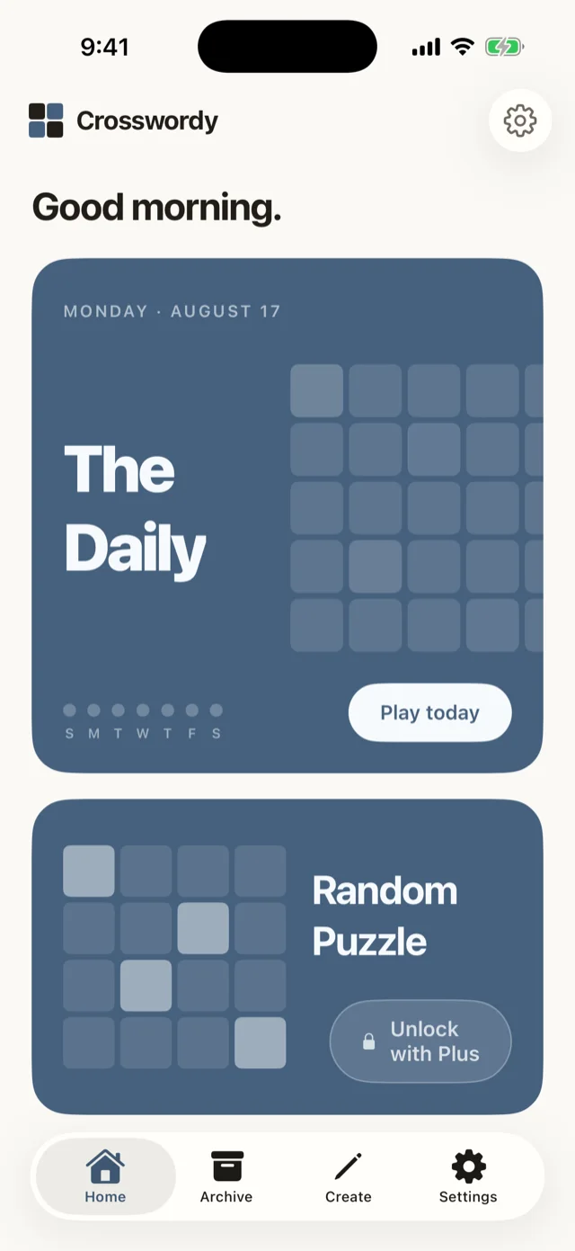 The Crosswordy home screen in light mode: today's daily puzzle card and a Random Puzzle card.