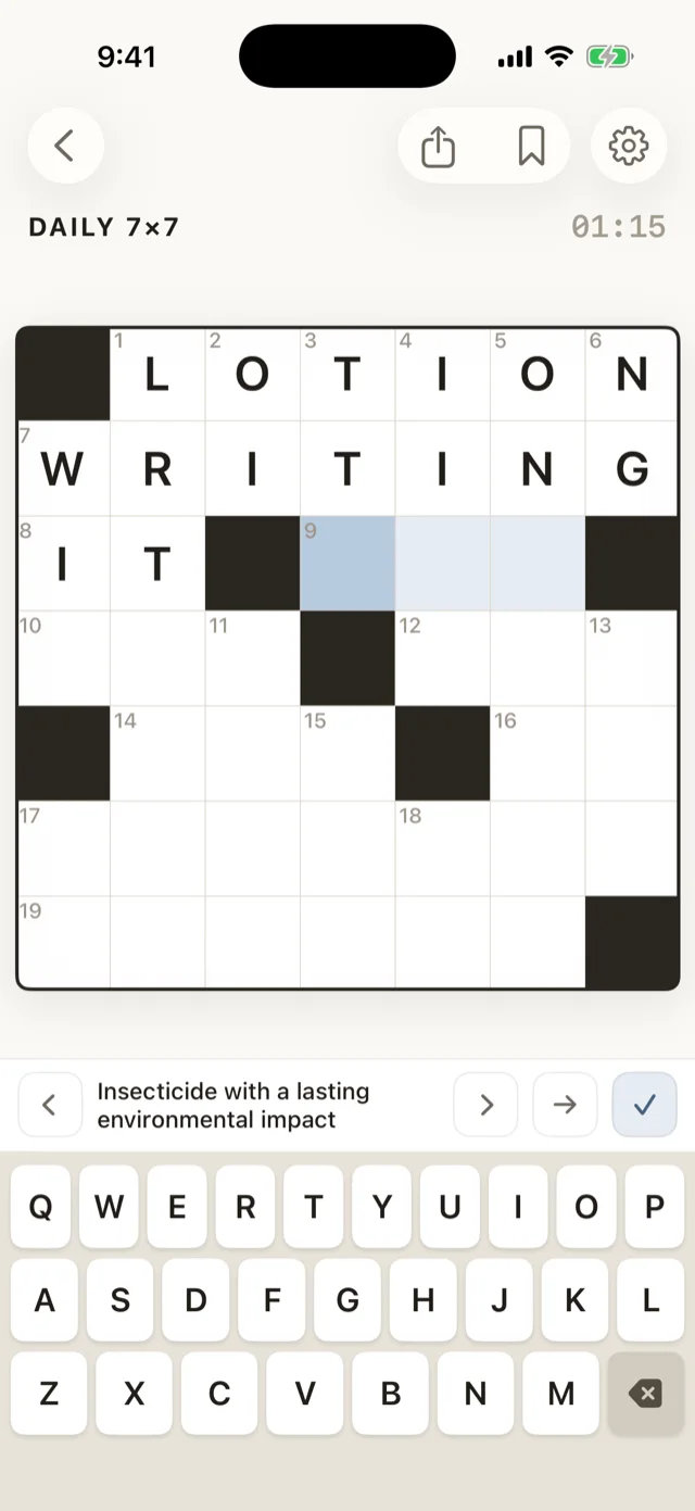 A daily 7×7 part-solved, with the clue “Insecticide with a lasting environmental impact” below the grid.