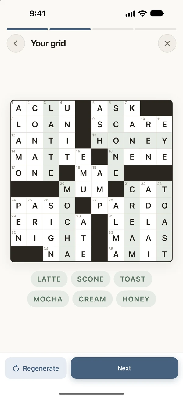 The puzzle Crosswordy built around those words, with them shaded green.