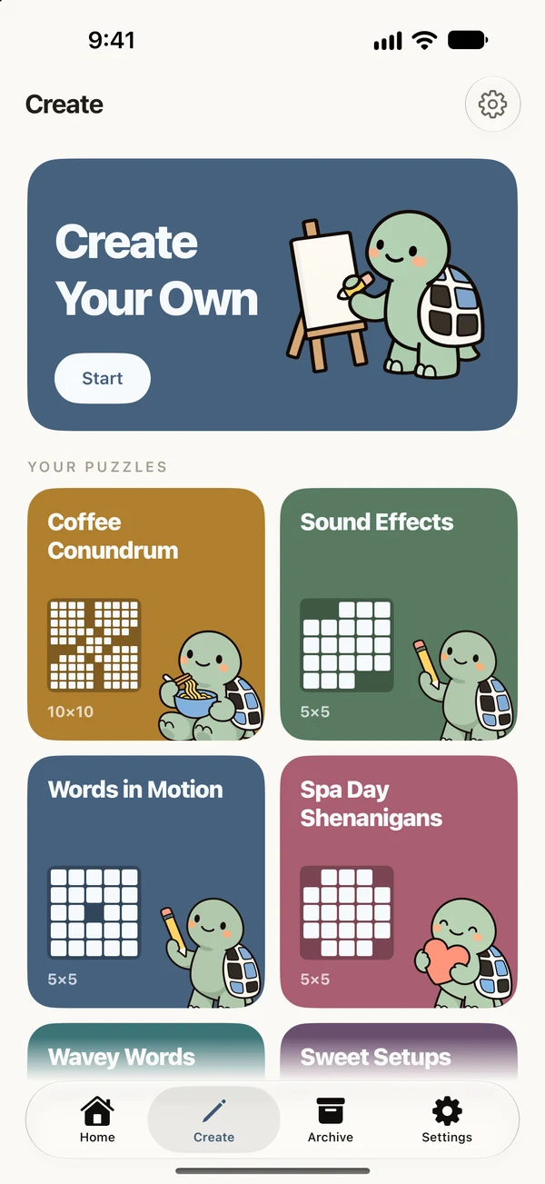 The Create tab: a grid of the puzzles you've made, each in its own color with its own Frank.
