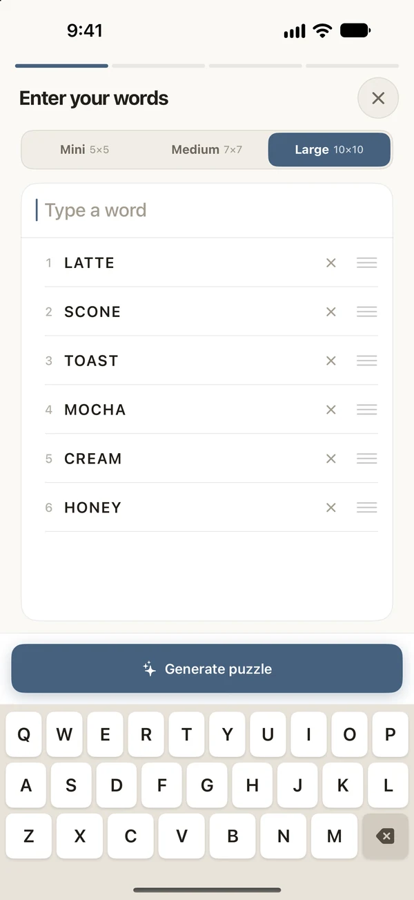 The word list: six café words, from LATTE to HONEY, ready to generate.
