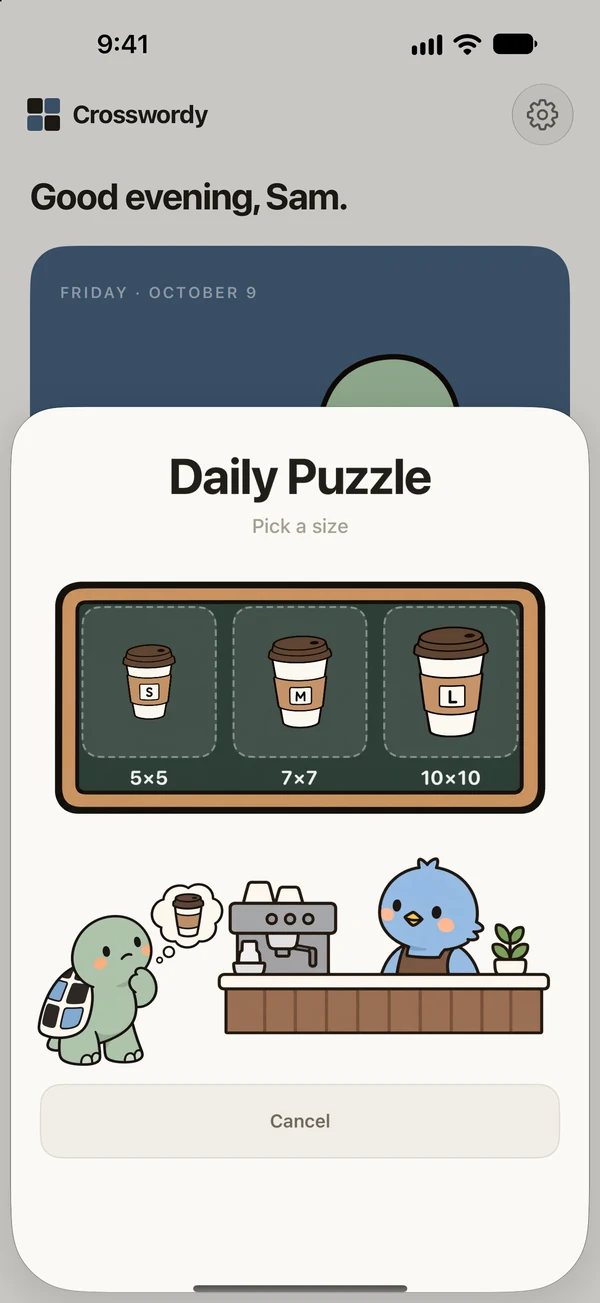 The Daily size picker: three coffee cups on a chalkboard menu, with the barista bird and Frank at the counter.