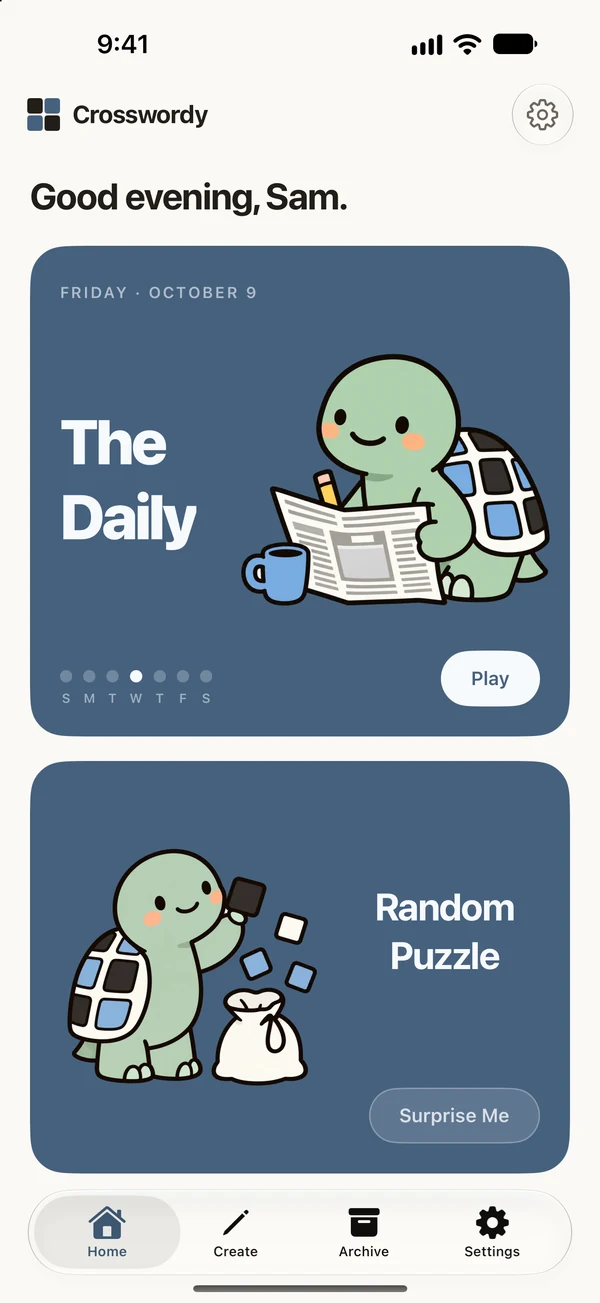Crosswordy's Home screen: a greeting, today's Daily with Frank reading the paper, and a Random Puzzle card.