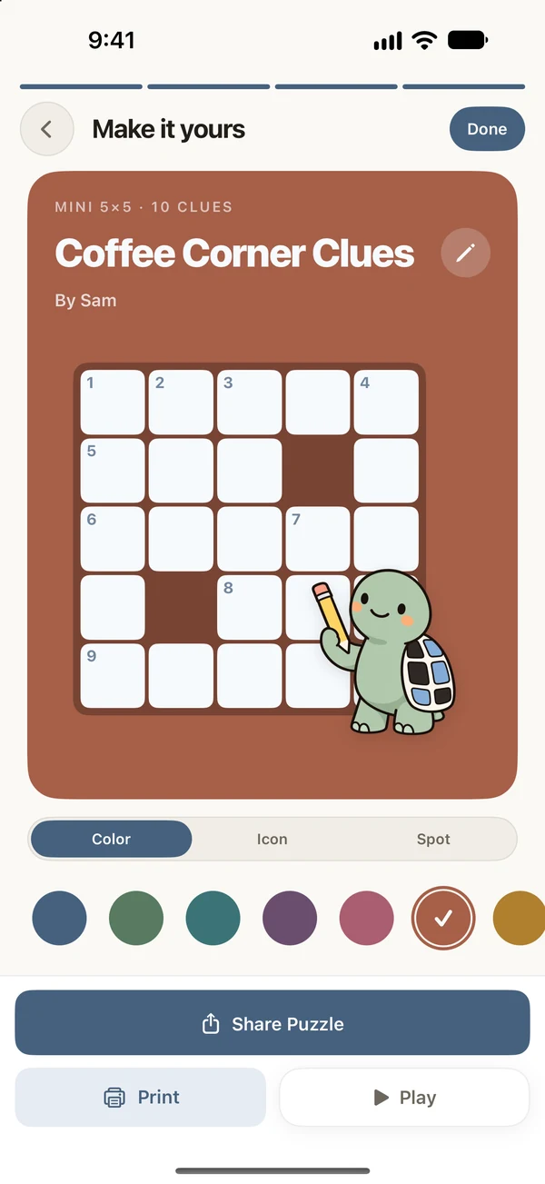Make it yours: a puzzle card titled Coffee Corner Clues in clay red, with Frank holding a pencil.