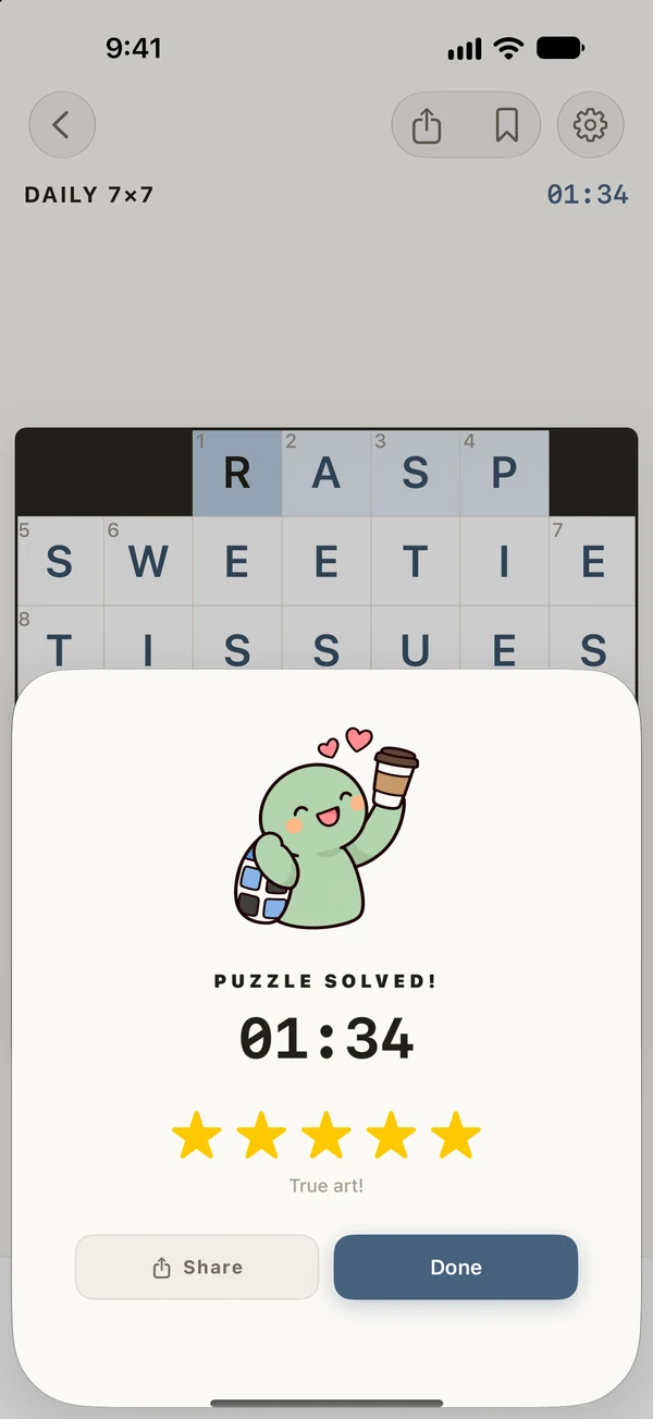 The solved screen: Frank raising a coffee, five gold stars and the time.